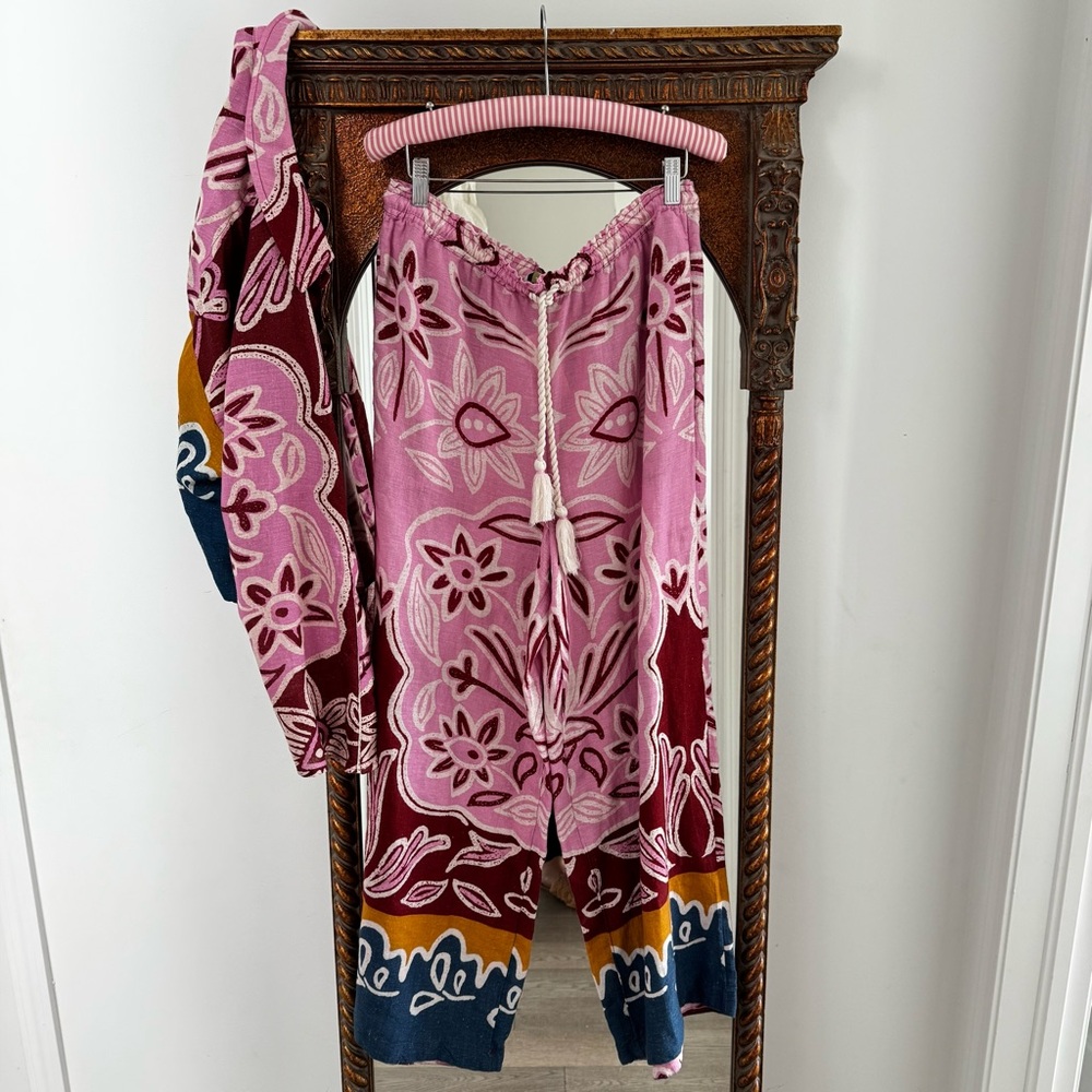 Anthropologie Pink Floral Button-Down Top with Multicolor Trim